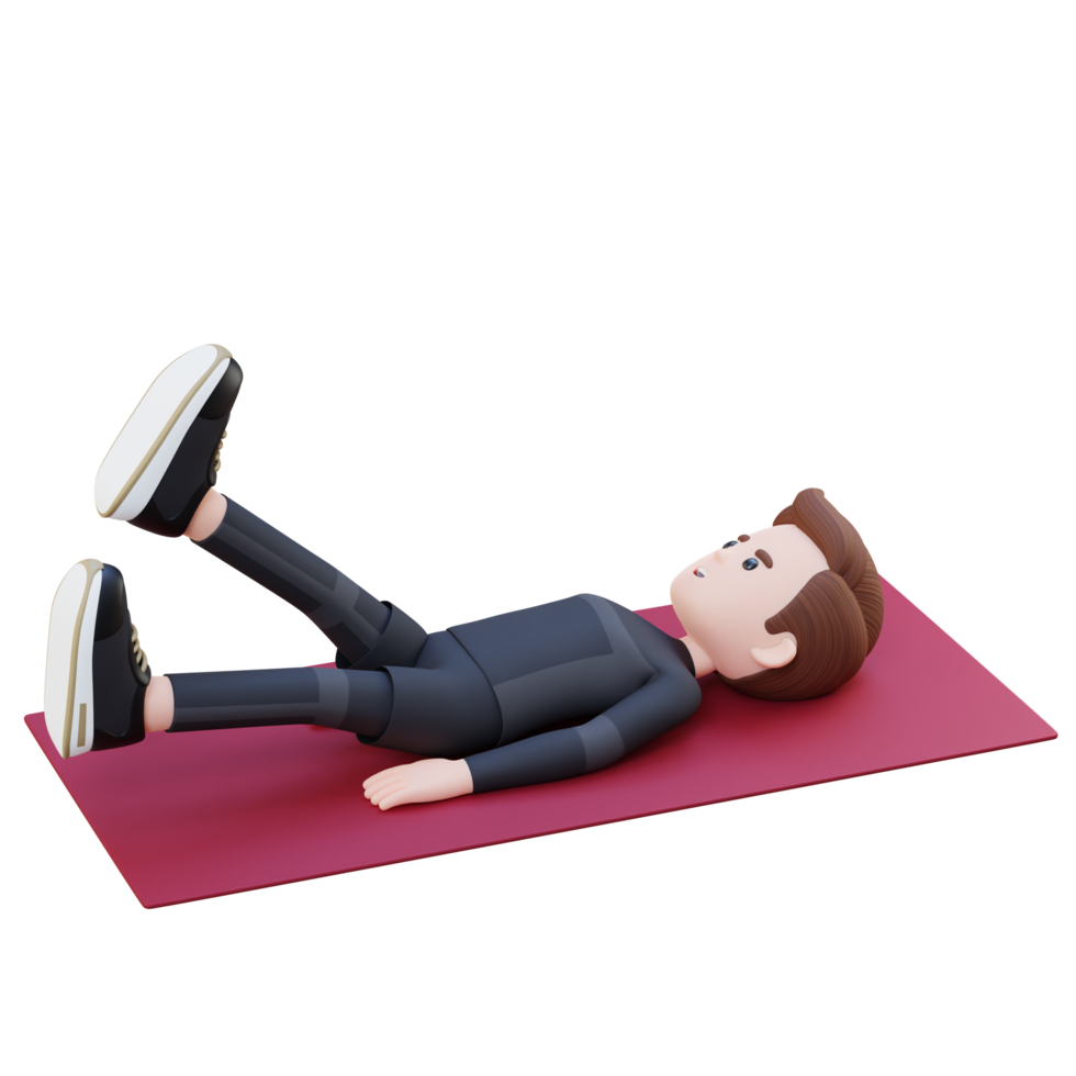 Dynamic 3D Sporty Male Character Rocking the Abs Scissor Kick Crunch Workout at the Gym png