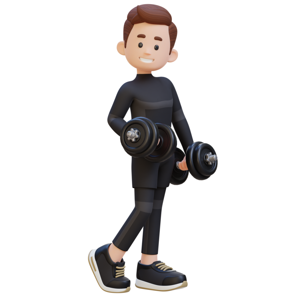 3D Sporty Male Character Showcasing Cool Standing Pose and Holding Dumbbell with Confidence png