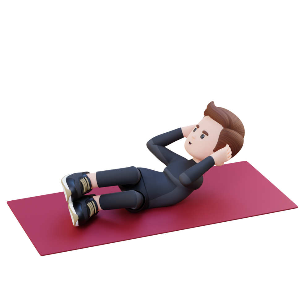 Dynamic 3D Sporty Male Character Engaging in Abs Side Crunch Workout at the Gym png