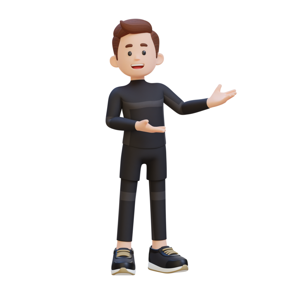 3D Sportsman Character Embracing Confidence with a Dynamic Hand Presentation Pose png