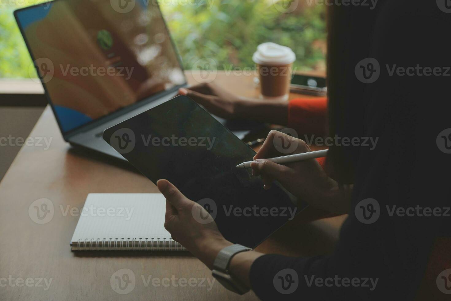 Close up of accountant working and analyzing financial reports project accounting with chart graph and calculator in modern office  finance and business concept. photo