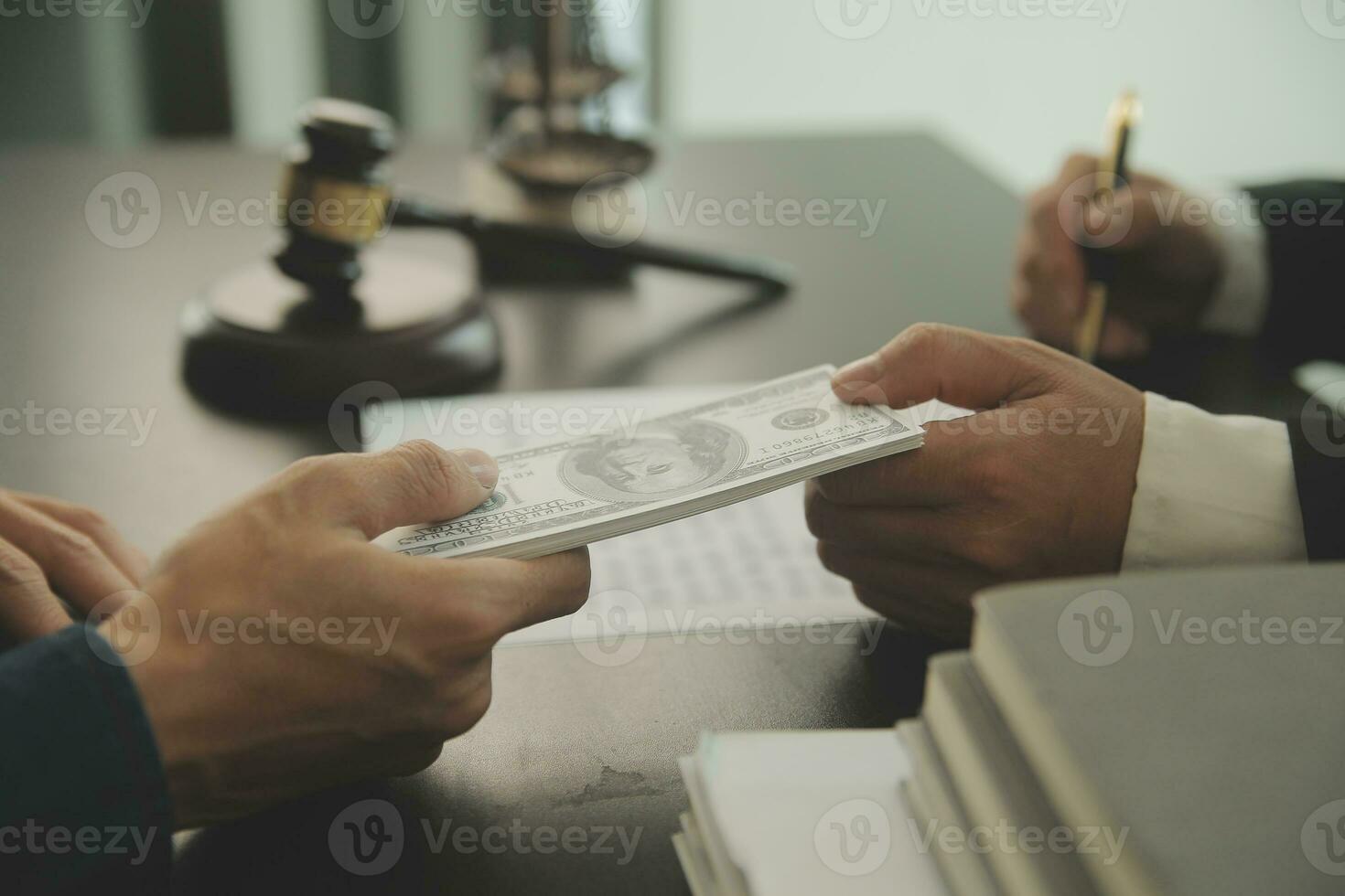 Business and lawyers discussing contract papers with brass scale on desk in office. Law, legal services, advice, justice and law concept picture with film grain effect photo