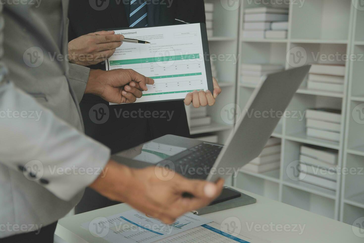 Team of business people working together in the meeting room office, teamwork background charts and graphs banner, double exposure successful teamwork,business planning concept. photo