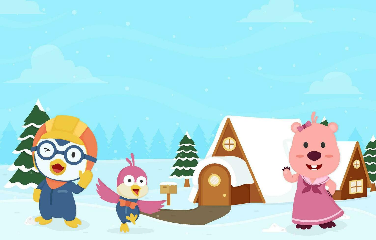 Cute Penguin and Friends in the Winter Scenery Background vector
