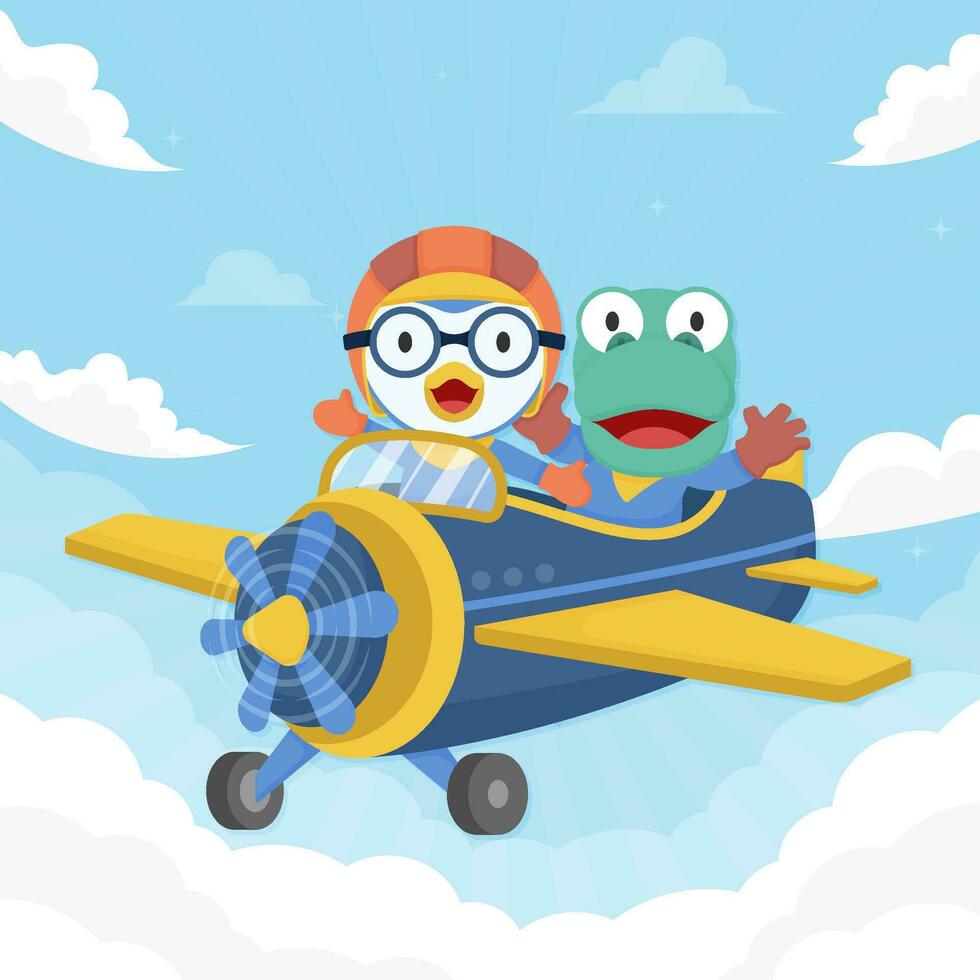 Cute Penguin adn Friend Driving a Plane Concept vector