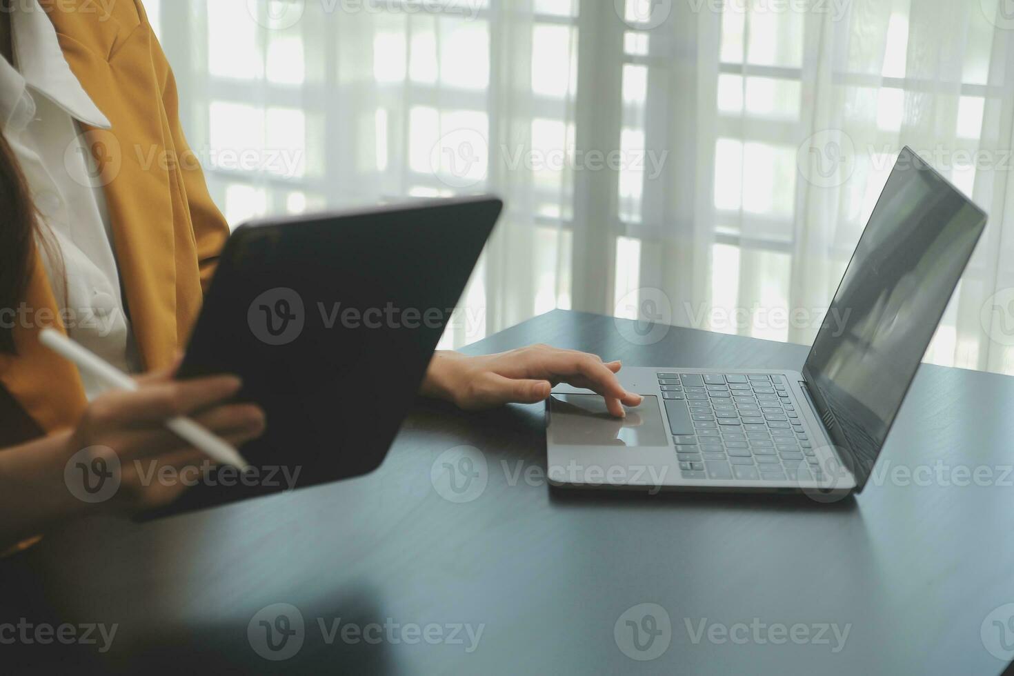 Audit concept,Administrator business man financial inspector and secretary making report calculating balance. Internal Revenue Service checking document. photo