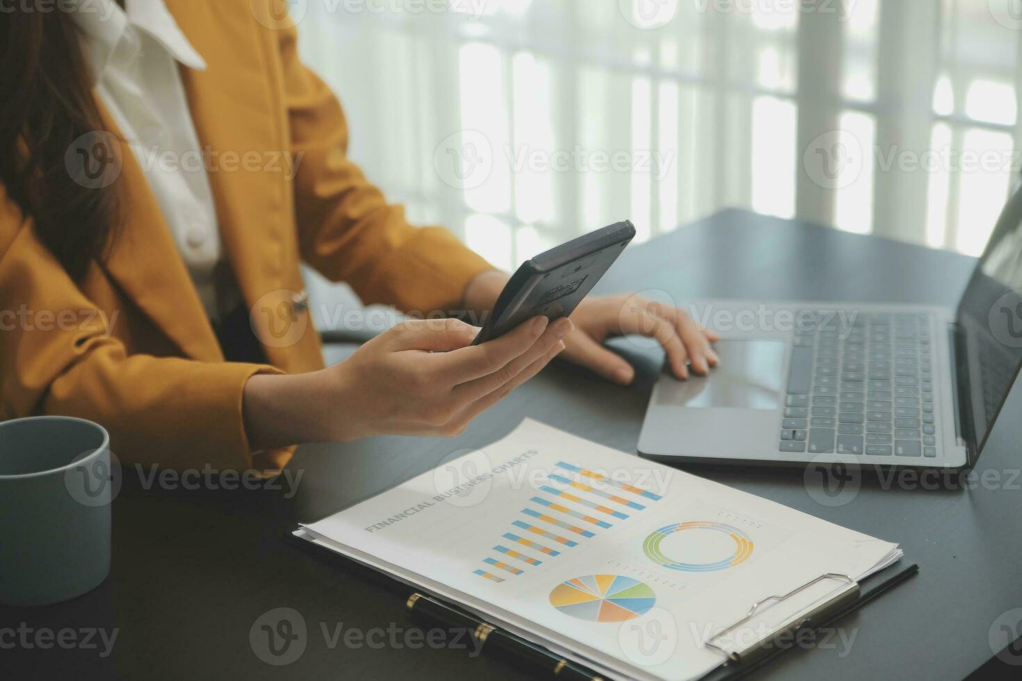 Audit concept,Administrator business man financial inspector and secretary making report calculating balance. Internal Revenue Service checking document. photo