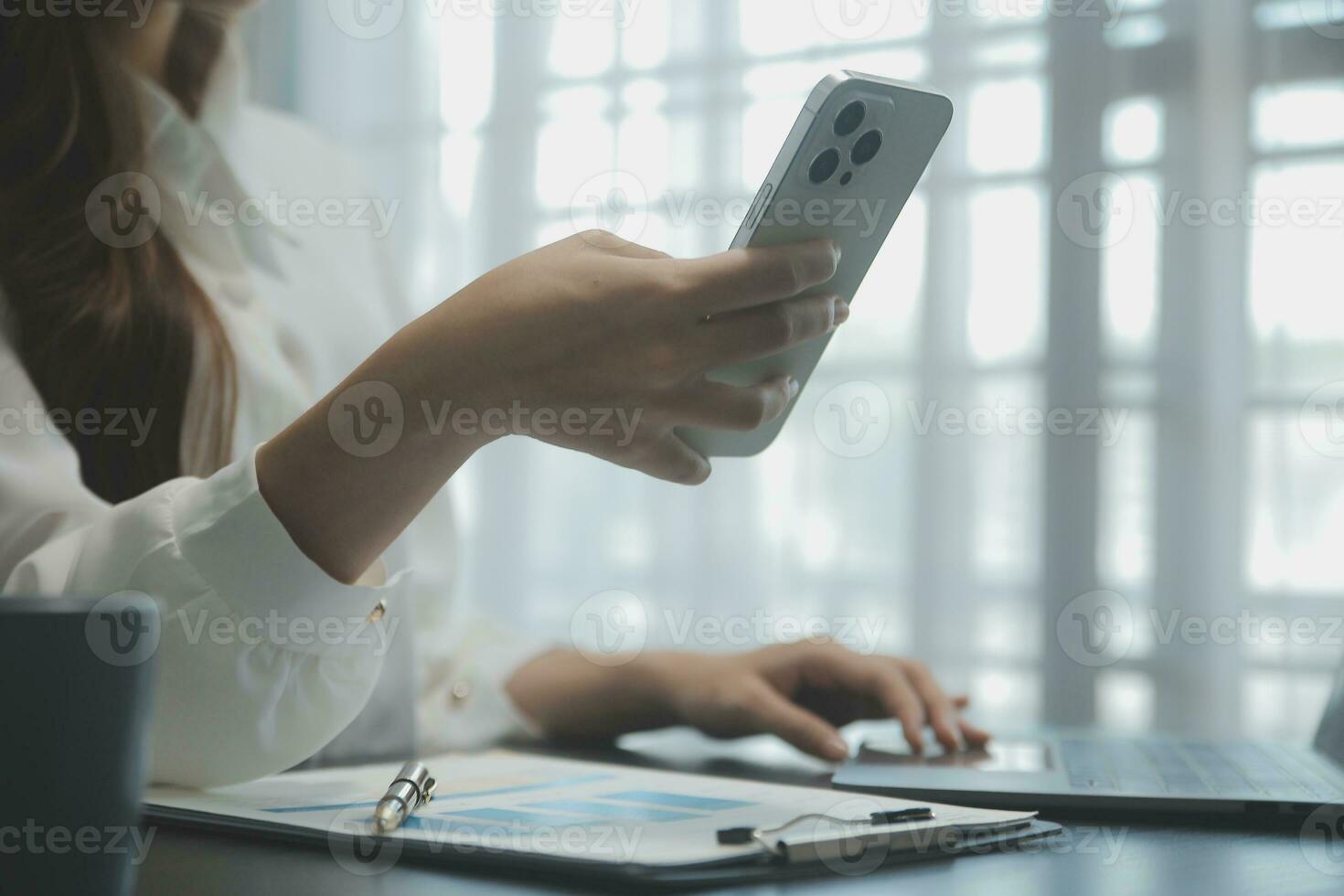Audit concept,Administrator business man financial inspector and secretary making report calculating balance. Internal Revenue Service checking document. photo