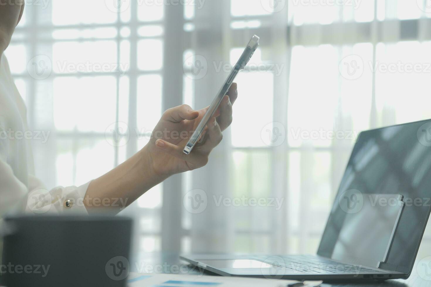 Audit concept,Administrator business man financial inspector and secretary making report calculating balance. Internal Revenue Service checking document. photo
