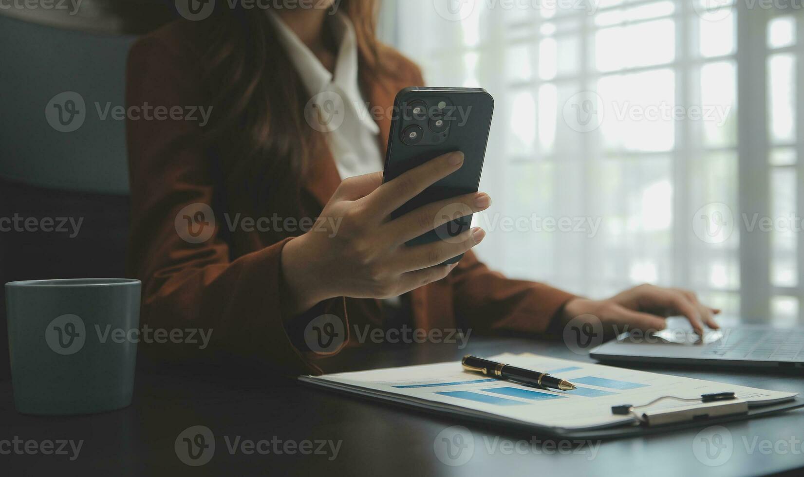 Audit concept,Administrator business man financial inspector and secretary making report calculating balance. Internal Revenue Service checking document. photo
