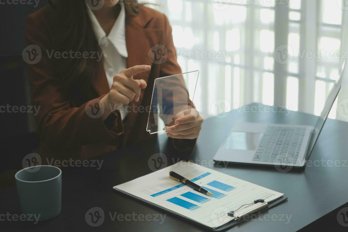 Audit concept,Administrator business man financial inspector and secretary making report calculating balance. Internal Revenue Service checking document. photo