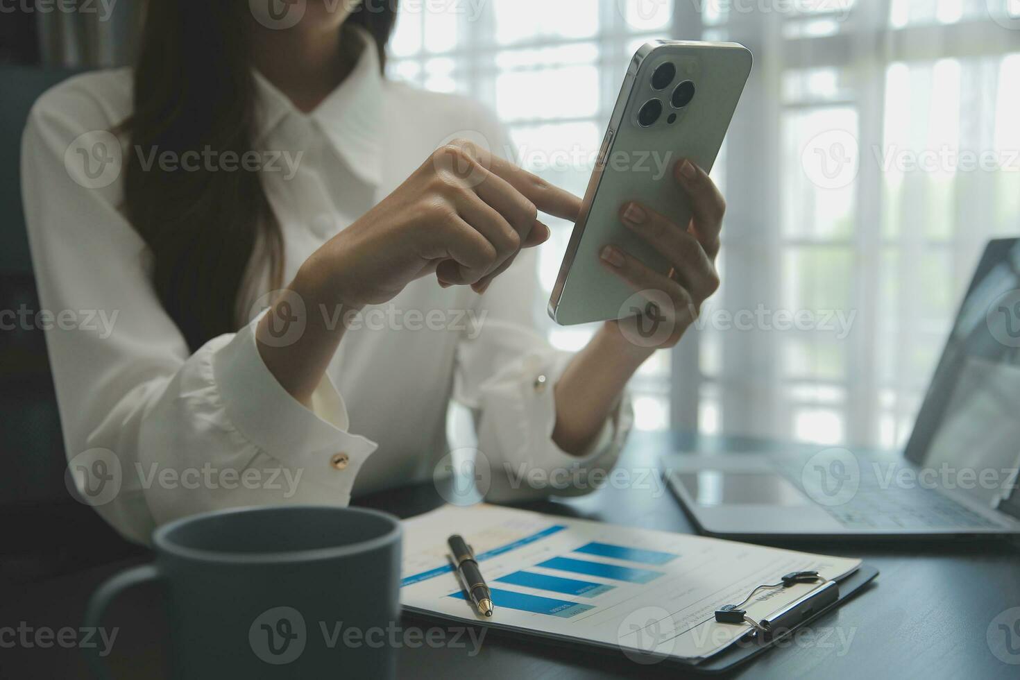 Audit concept,Administrator business man financial inspector and secretary making report calculating balance. Internal Revenue Service checking document. photo