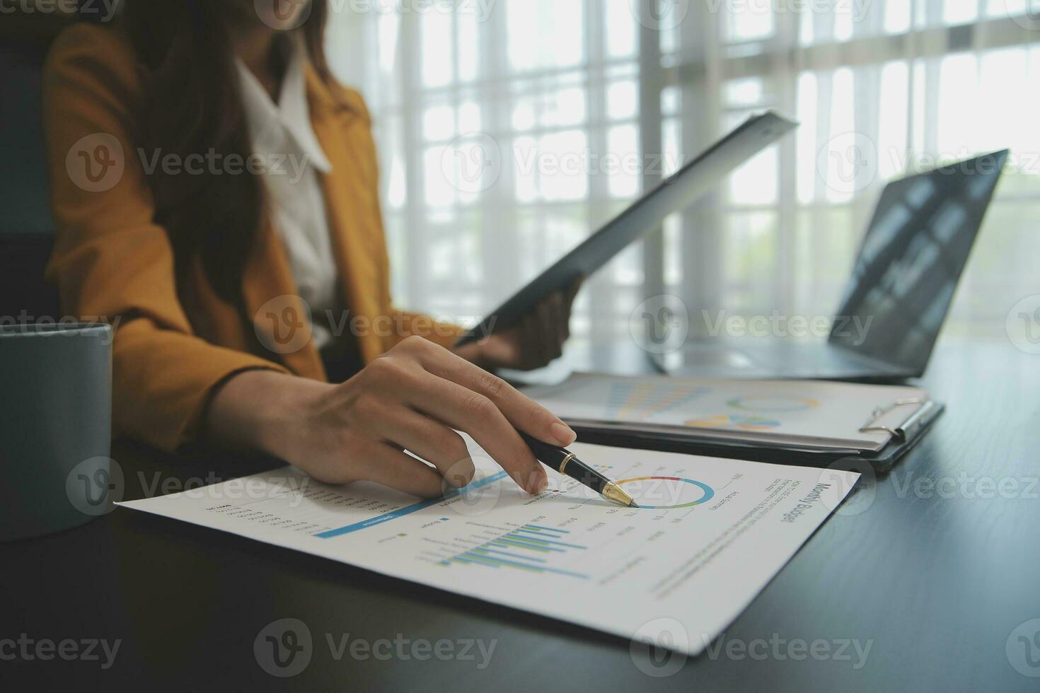 Audit concept,Administrator business man financial inspector and secretary making report calculating balance. Internal Revenue Service checking document. photo