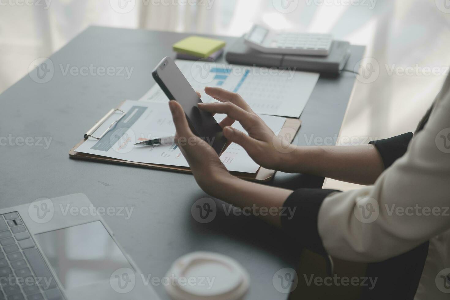 Audit concept,Administrator business man financial inspector and secretary making report calculating balance. Internal Revenue Service checking document. photo