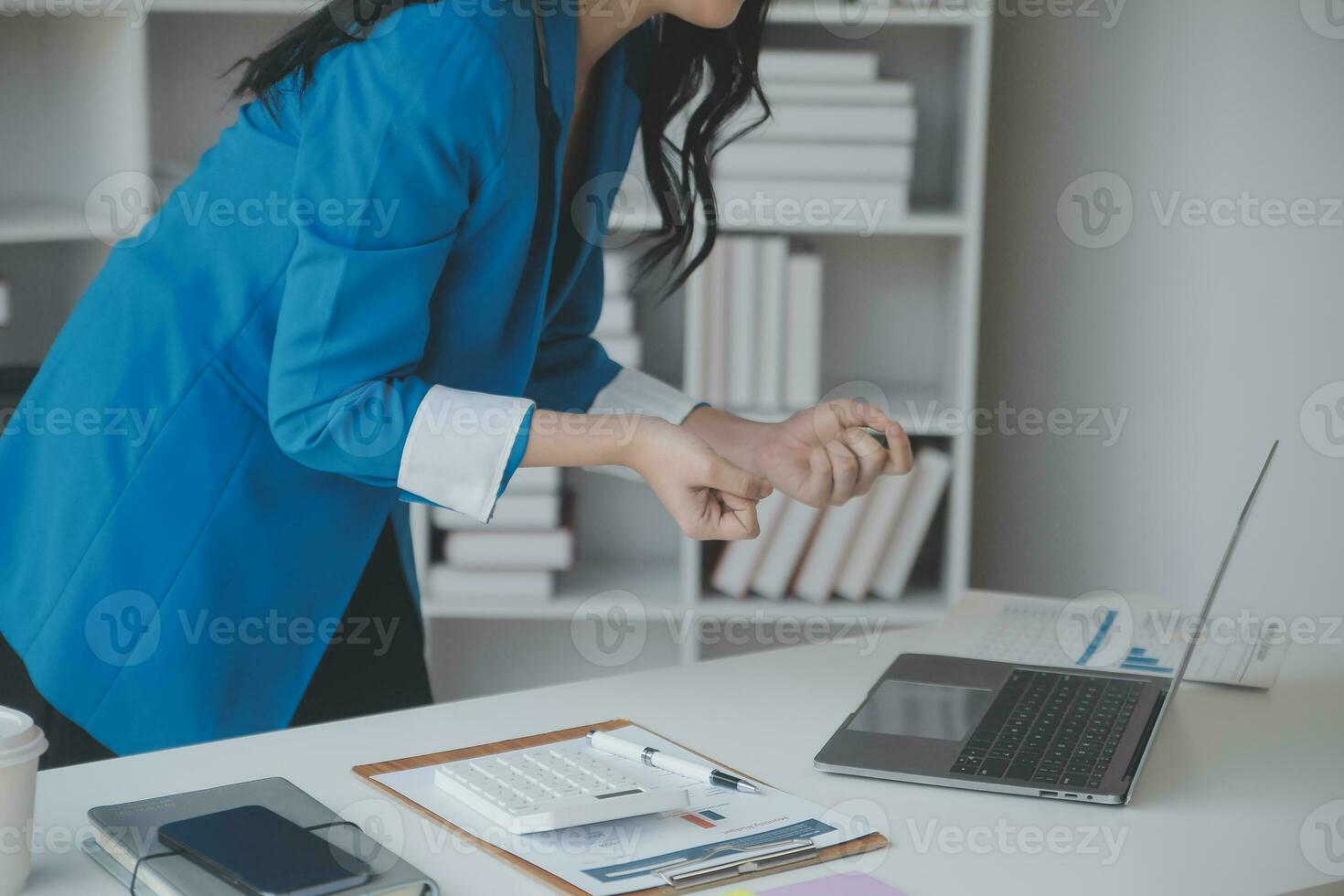 Audit concept,Administrator business man financial inspector and secretary making report calculating balance. Internal Revenue Service checking document. photo