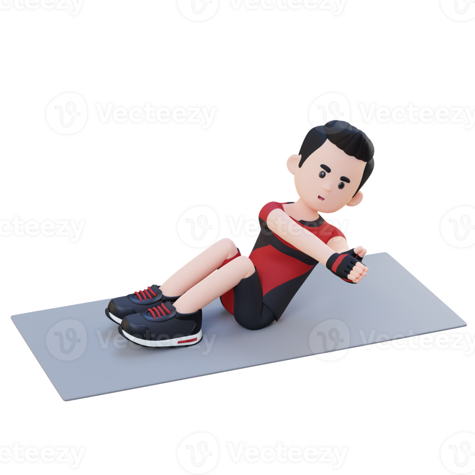 Energetic 3D Sporty Male Character Engaging in Abs Russian Twist Workout at the Gym png