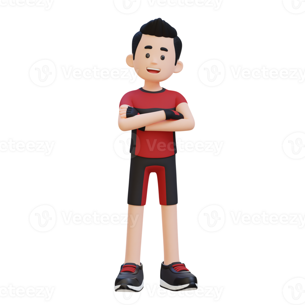 3D Sportsman Character Exuding Confidence with Arms Crossed Pose in a Dynamic Setting png