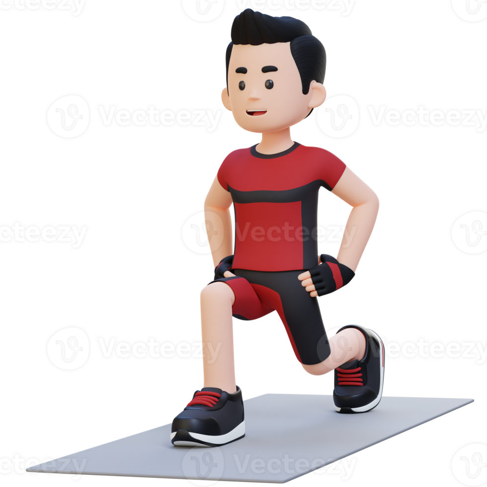 3D Sporty Male Character Performing Dynamic Lunges at the Gym png