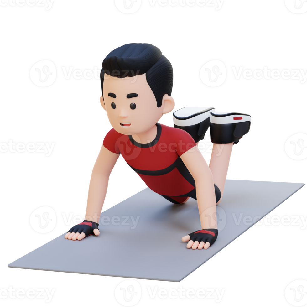 3D Sporty Male Character Mastering Knee Push Up Exercise at Home Gym png