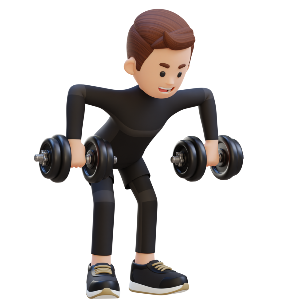3D Sportsman Character performing Rear Delt Rows with Dumbbells png