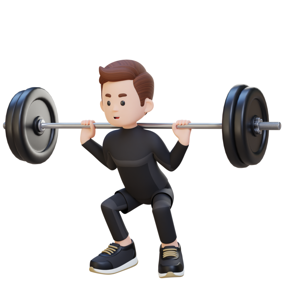 3D Sportsman Character Building Lower Body Strength with Barbell Squat Workout png