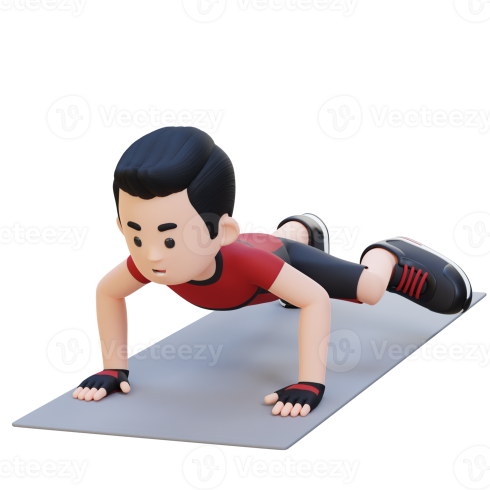 3D Sporty Male Character Performing Spiderman Push Up Exercise at Home Gym png