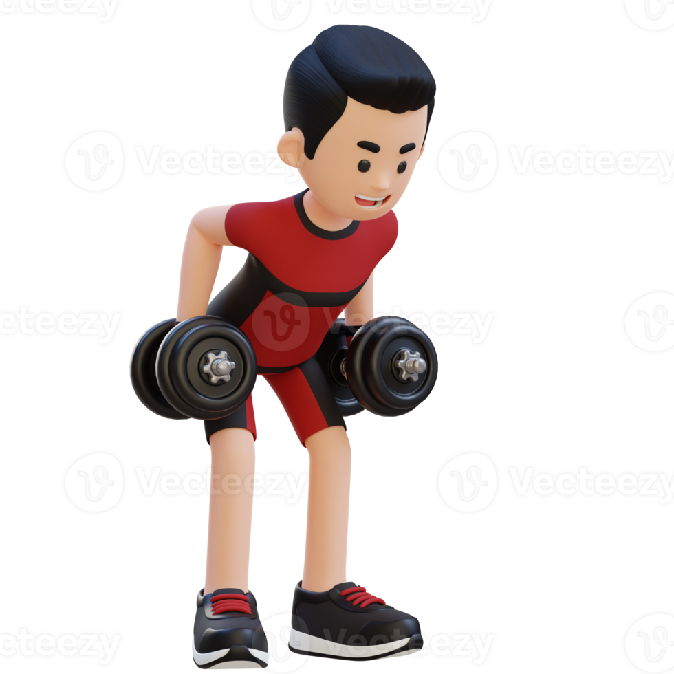 3D Sportsman Character Performing Bent Over Row   Dynamic Workout with Dumbbell png
