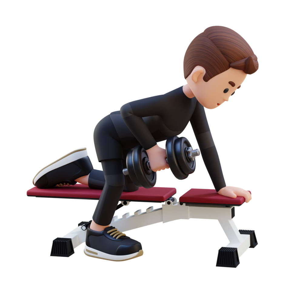 3D Sportsman Character Sculpting Back Muscles with Dumbbell Row Exercise png