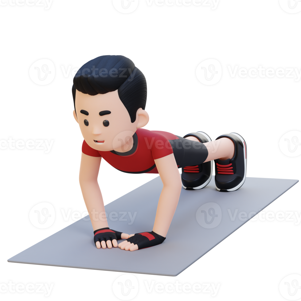 3D Sporty Male Character Performing Close Grip Push Up Exercise at Home Gym png
