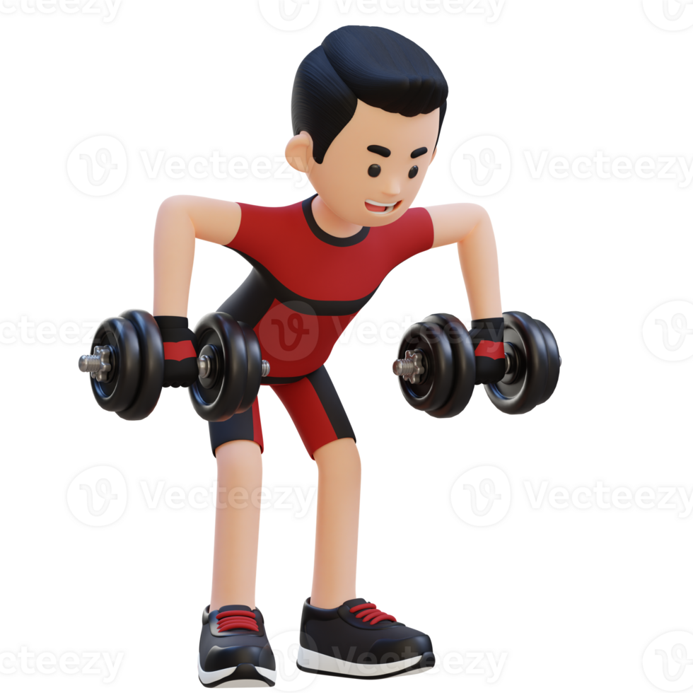 3D Sportsman Character performing Rear Delt Rows with Dumbbells png
