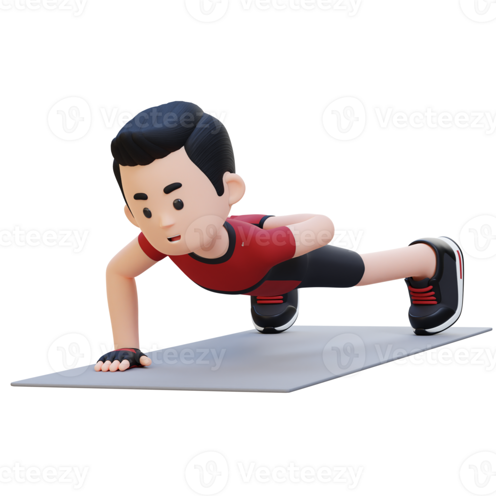 3D Sporty Male Character Mastering Single Arm Push Up at the Gym png