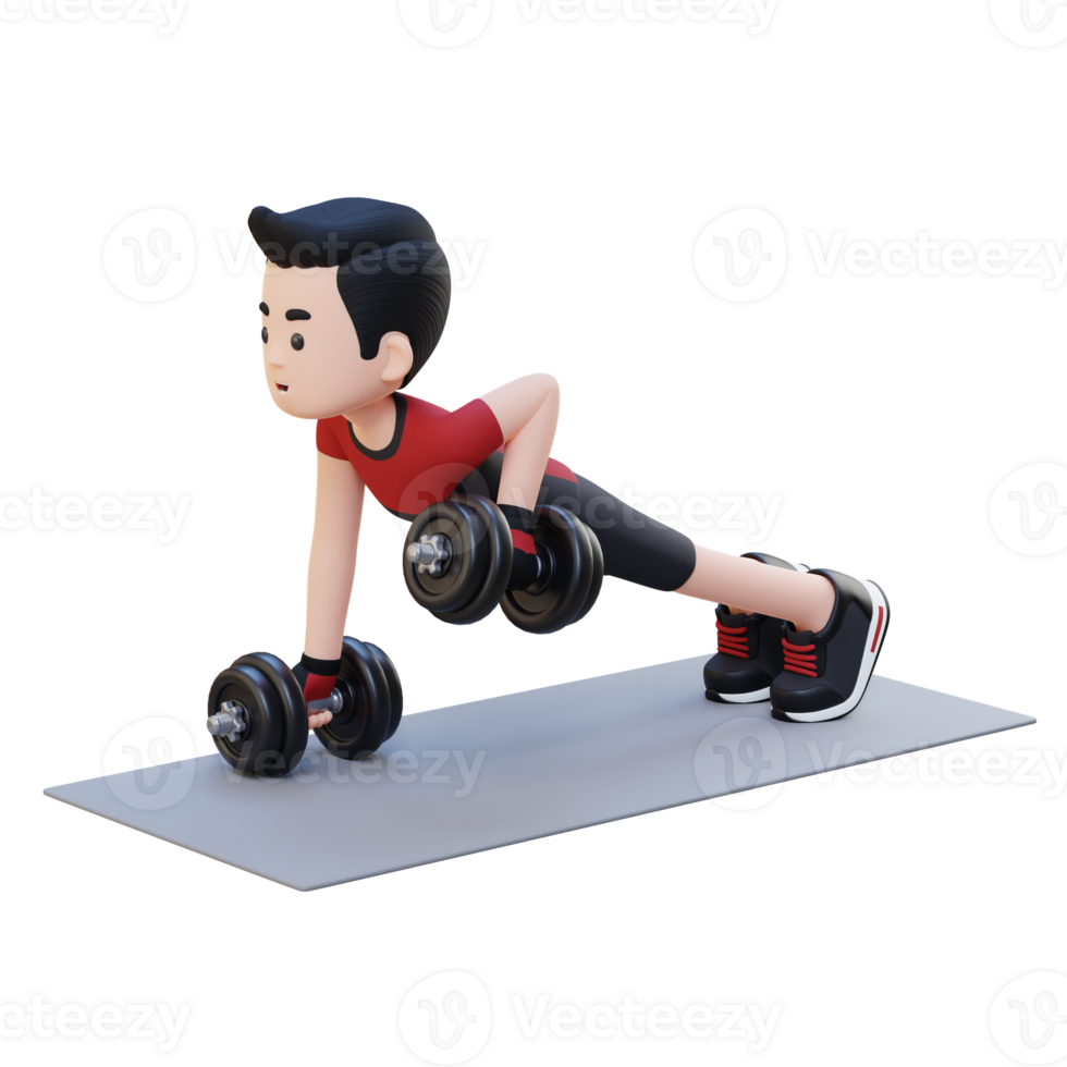 3D Sportsman Character Performing Dumbbell Push Up Row png