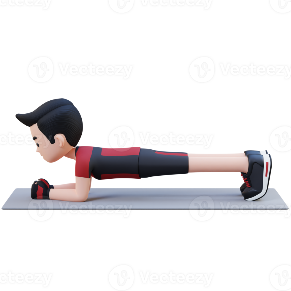Dynamic 3D Sporty Male Character Mastering the Plank Exercise at Home Gym png
