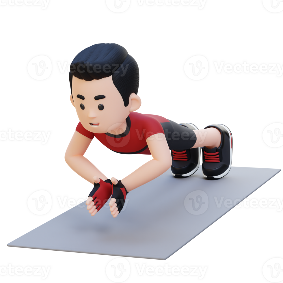 3D Sporty Male Character Performing Clap Push Up Exercise at Home Gym png