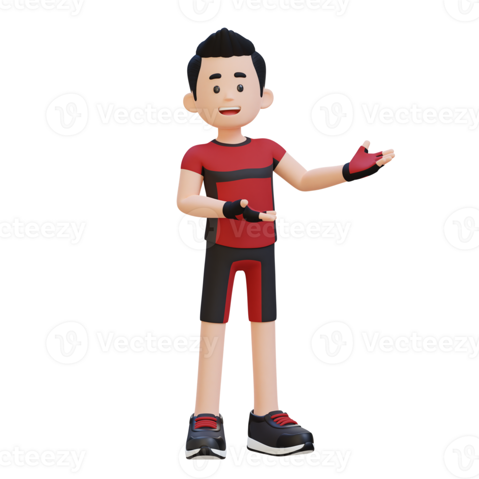 3D Sportsman Character Embracing Confidence with a Dynamic Hand Presentation Pose png