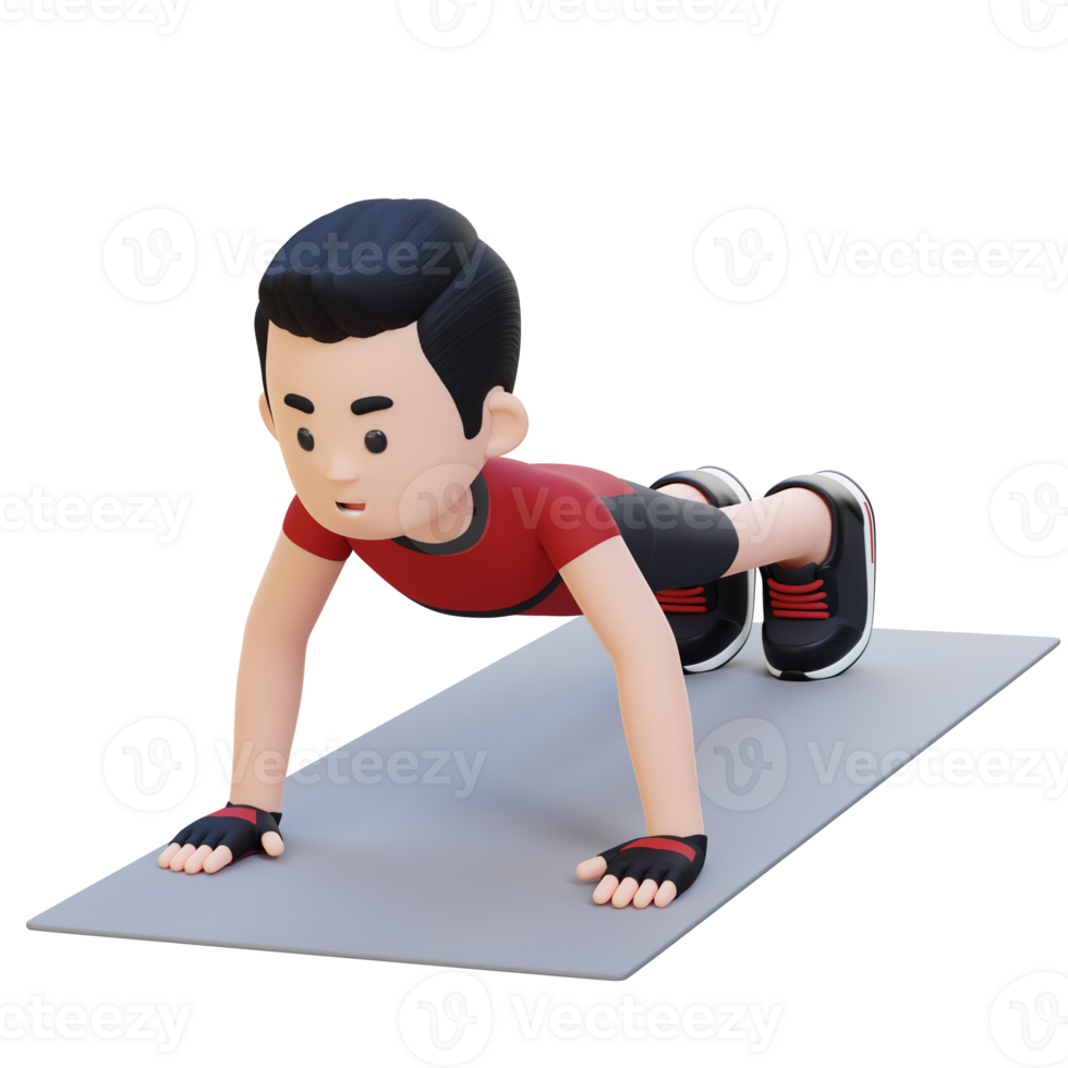 3D Sporty Male Character Performing Standard Push Up Exercise at Home Gym png