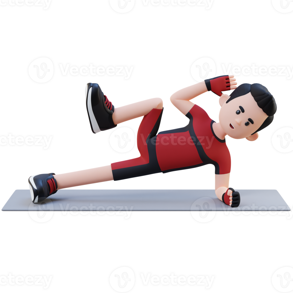 Energetic 3D Sporty Male Character Nailing the Abs Side Plank Crunch Workout at the Gym png