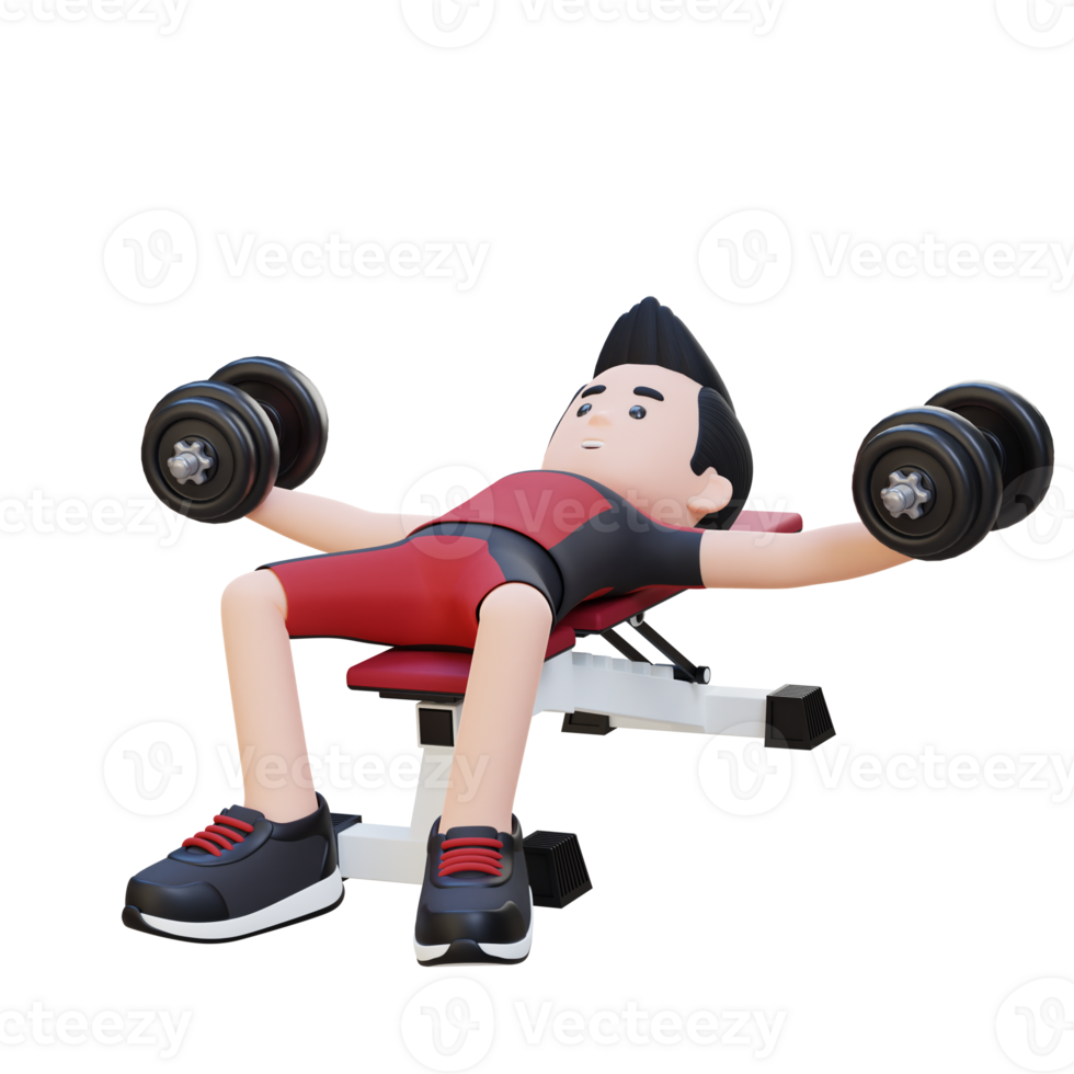 3D Sportsman Character Sculpting Muscular Chest with Dumbbell Bench Chest Fly png
