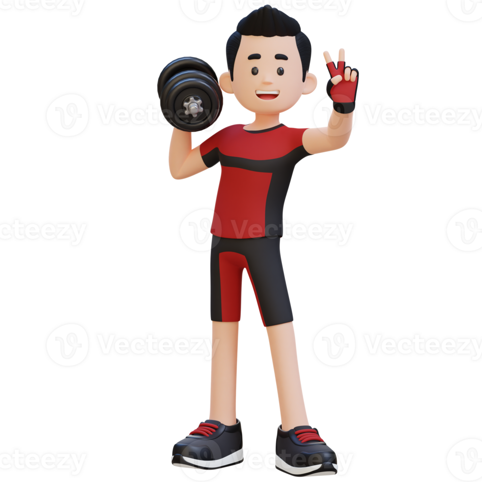 3D Sportsman Character Giving a Peace Sign While Holding Dumbbell png