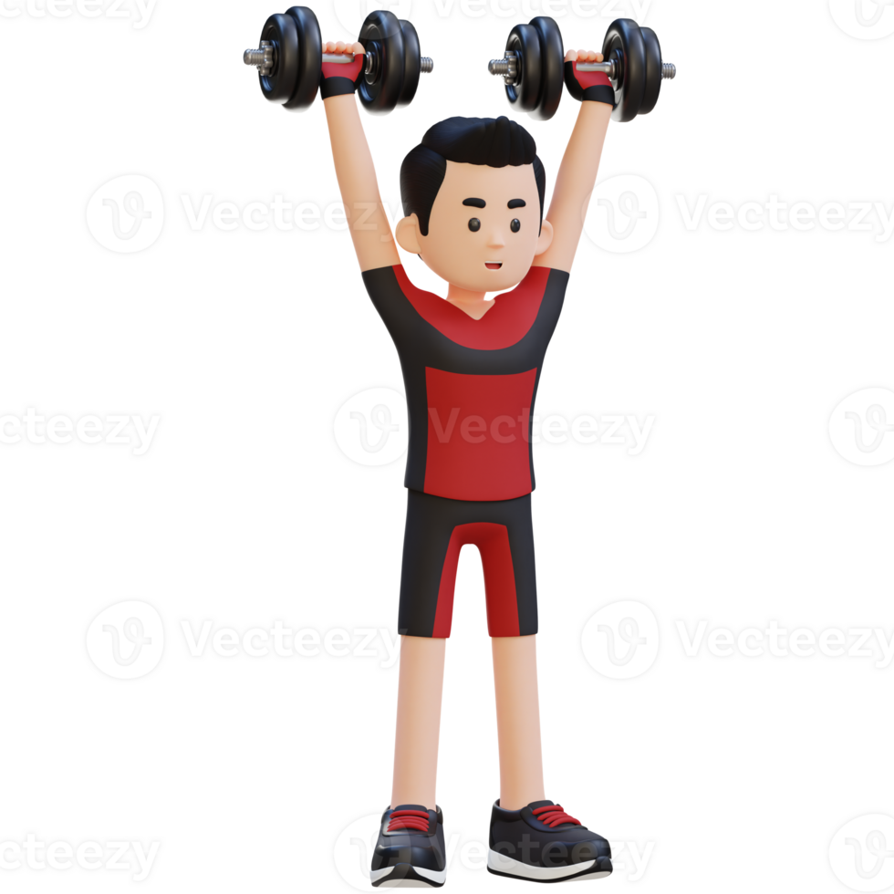 3D Sportsman Character Performing Dumbbell Shoulder Press png