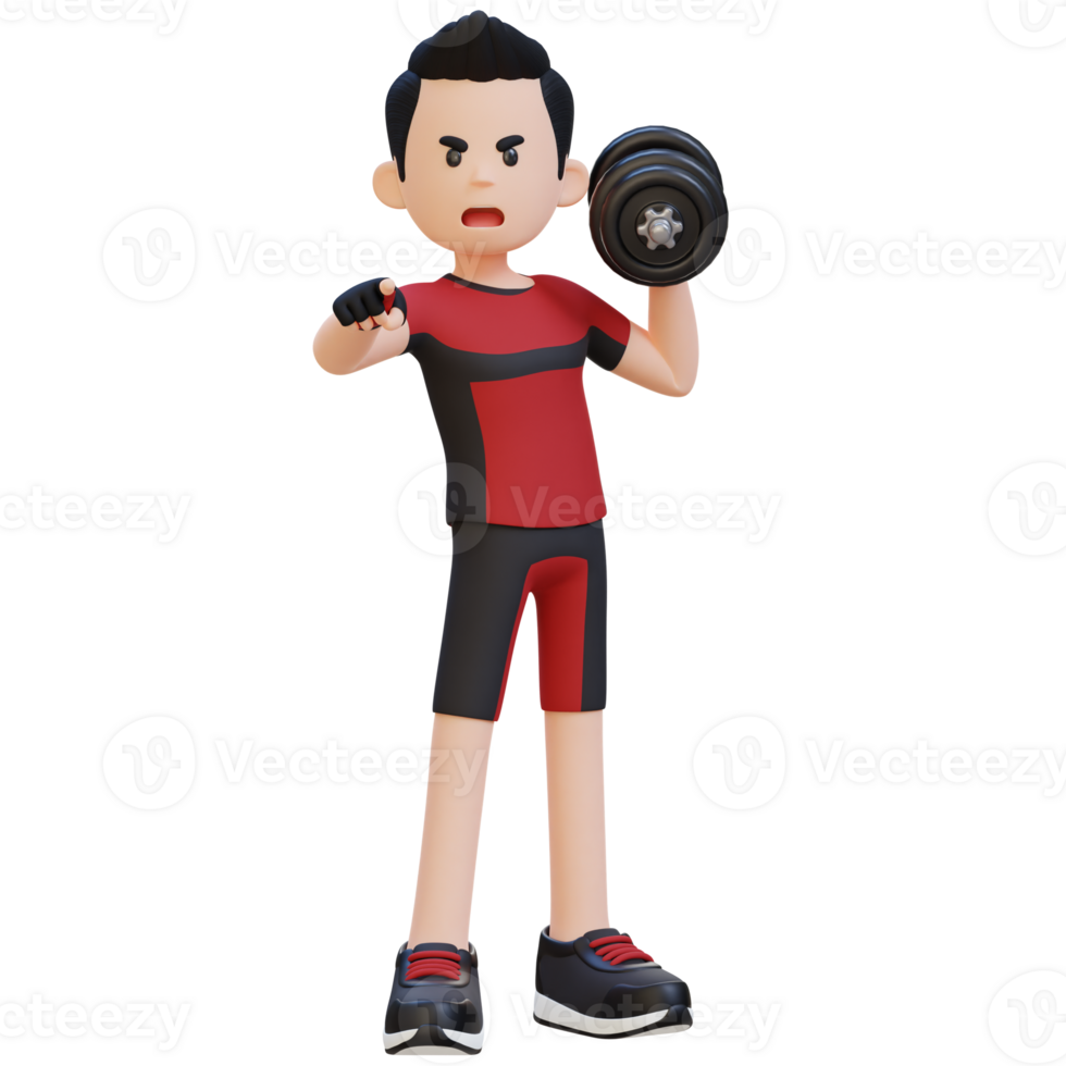 3D Screaming Sportsman Character Engaging Viewers While Holding Dumbbell png