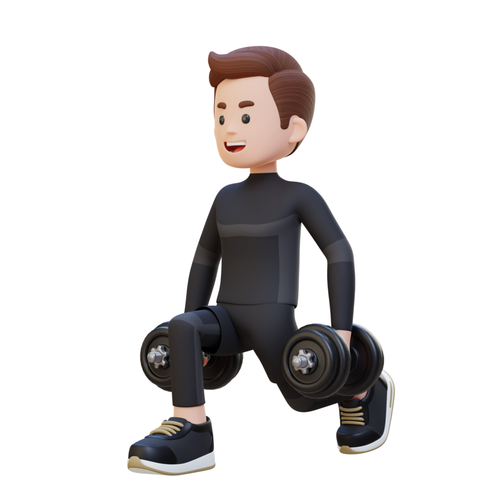 3D Sportsman Character Performing Dumbbell Split Squats right png