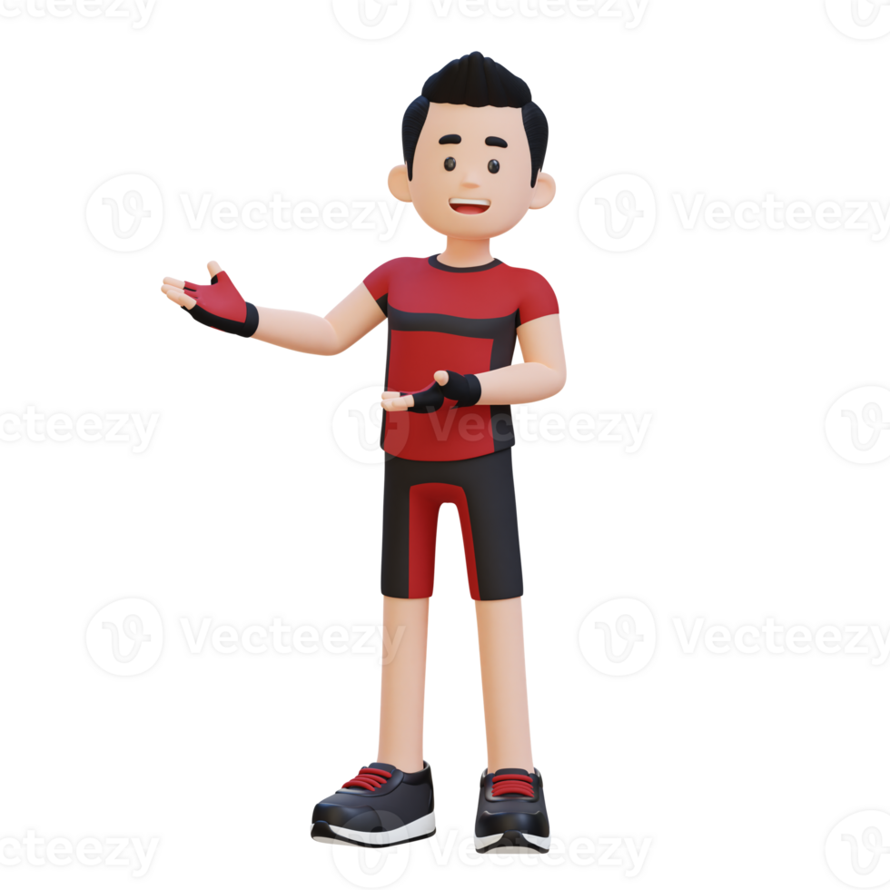 3D Sportsman Character Embracing Confidence with a Dynamic Hand Presentation Pose png