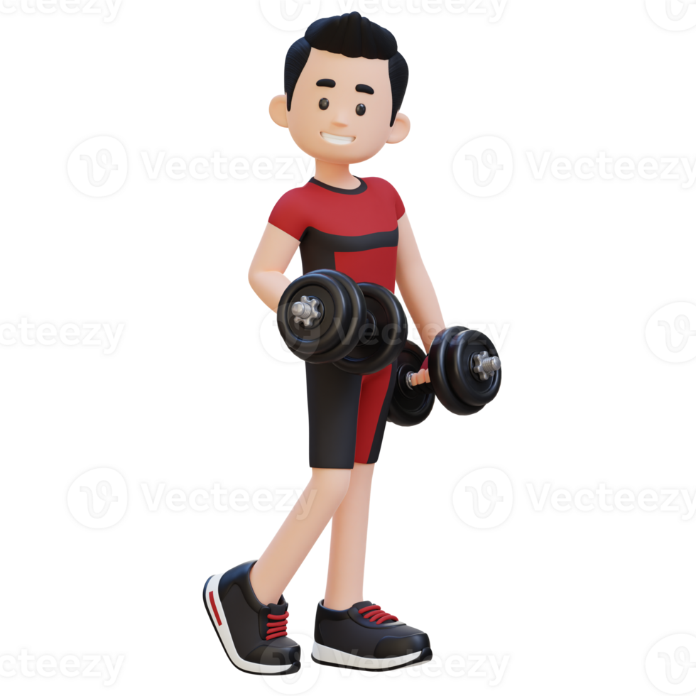 3D Sporty Male Character Showcasing Cool Standing Pose and Holding Dumbbell with Confidence png