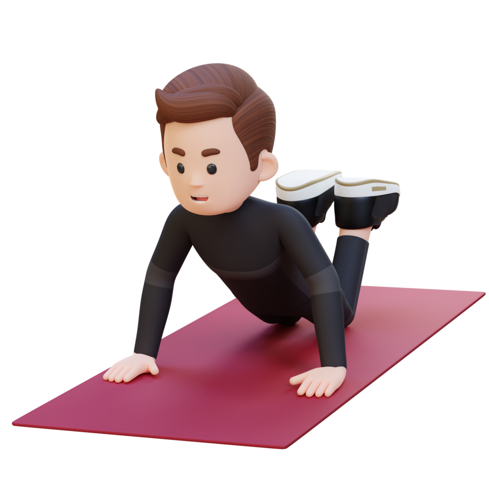 3D Sporty Male Character Mastering Knee Push Up Exercise at Home Gym png