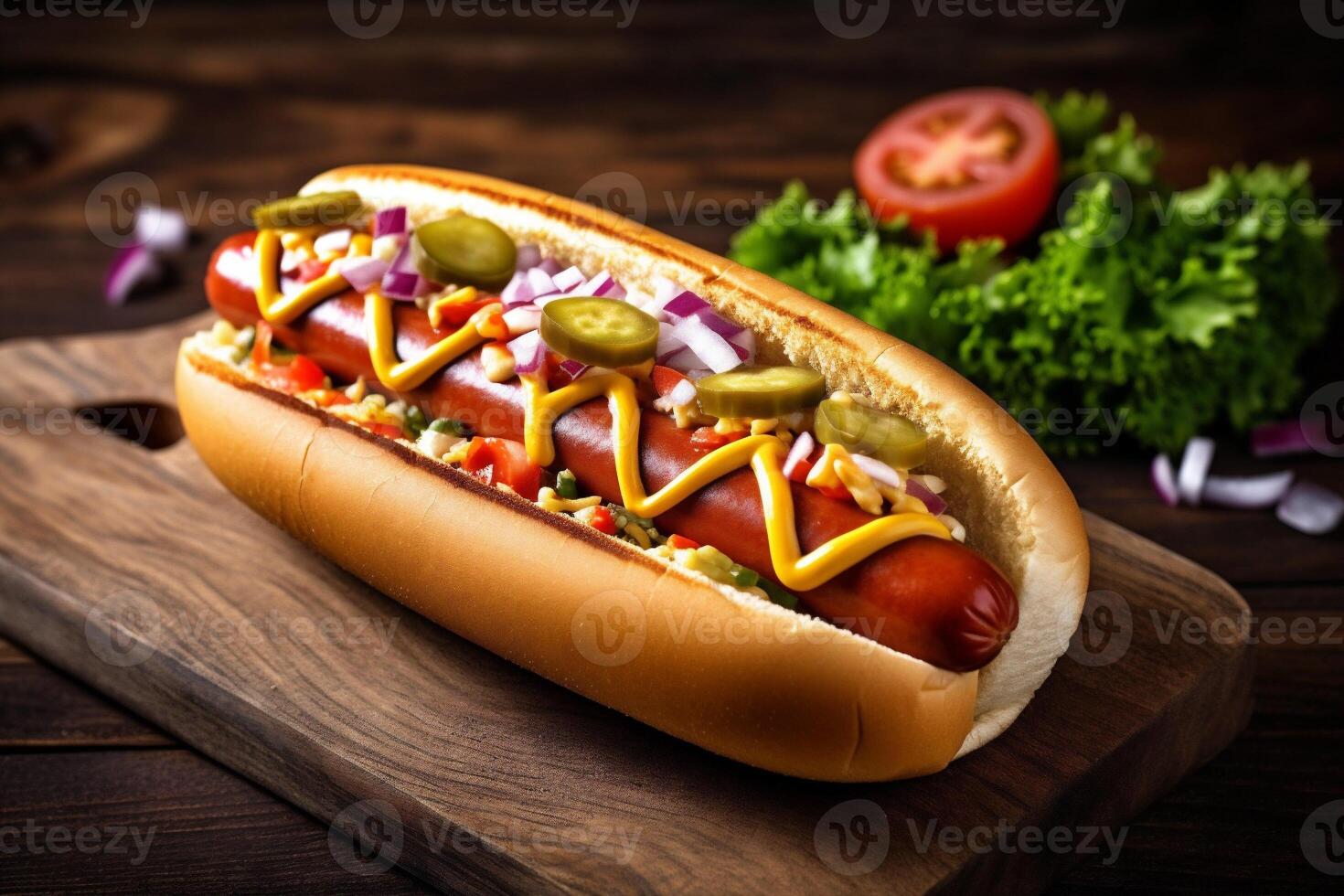 dog background sauce american hot sausage meat food barbecue fast bread. Generative AI. photo