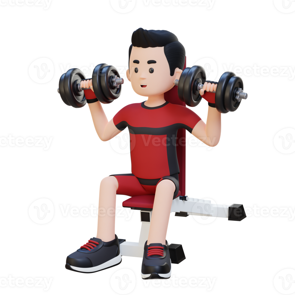 3D Sportsman Character Sculpting Strong Shoulders with Dumbbell Shoulder Bench Press png