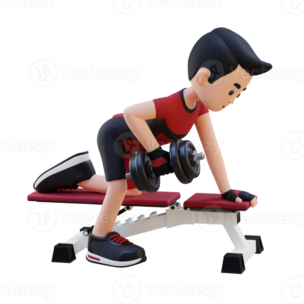 3D Sportsman Character Sculpting Back Muscles with Dumbbell Row Exercise png