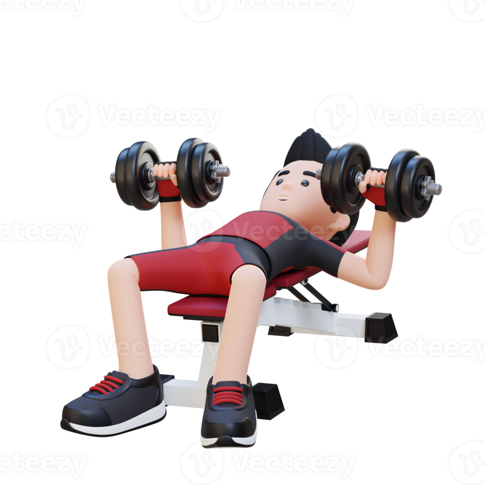 3D Sportsman Character Sculpting Muscular Physique with Dumbbell Bench Press png