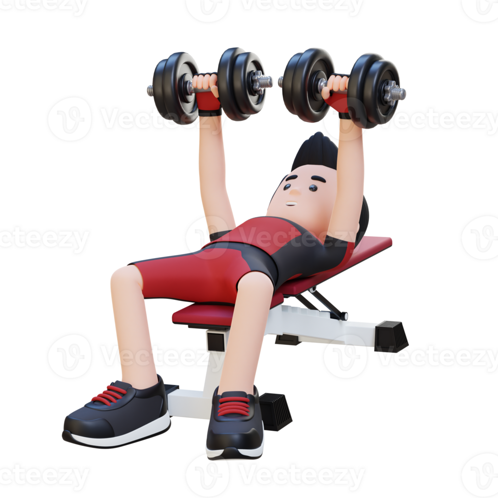 3D Sportsman Character Sculpting Muscular Physique with Dumbbell Bench Press png